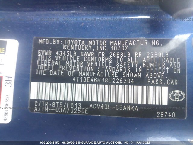 4T1BE46K18U226204 - 2008 TOYOTA CAMRY CE/LE/XLE/SE BLUE photo 9