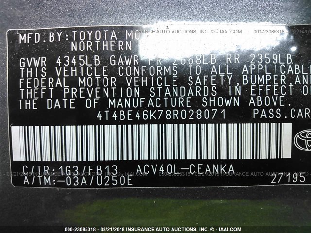 4T4BE46K78R028071 - 2008 TOYOTA CAMRY CE/LE/XLE/SE GRAY photo 9