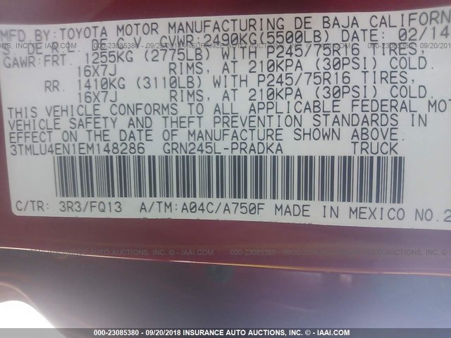 3TMLU4EN1EM148286 - 2014 TOYOTA TACOMA DOUBLE CAB წითელი ფოტო 9