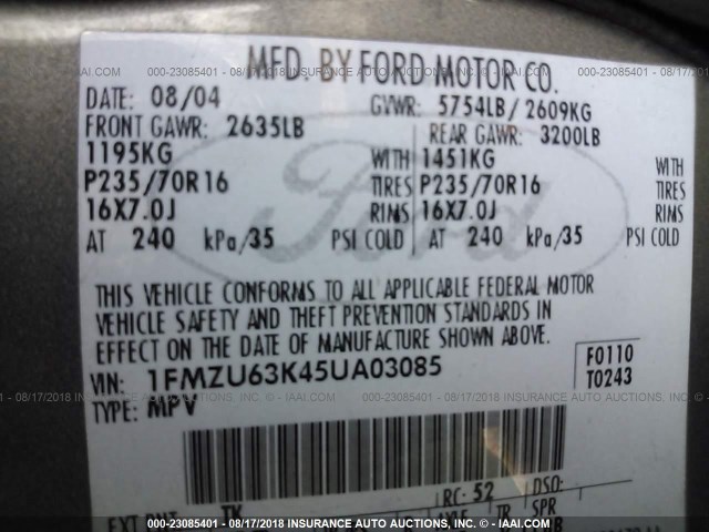 1FMZU63K45UA03085 - 2005 FORD EXPLORER XLT/XLT SPORT/NBX 灰色 照片 9