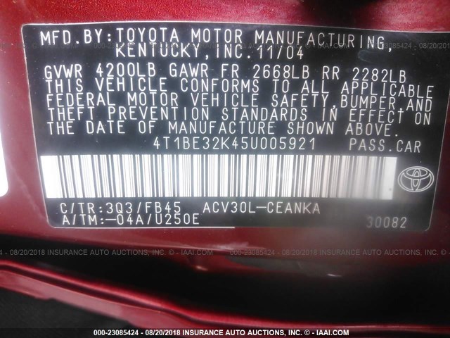 4T1BE32K45U005921 - 2005 TOYOTA CAMRY LE/XLE/SE Марун фото 9