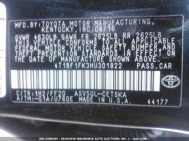 4T1BF1FK3HU301822 - 2017 TOYOTA CAMRY LE/XLE/SE/XSE 灰色 照片 9