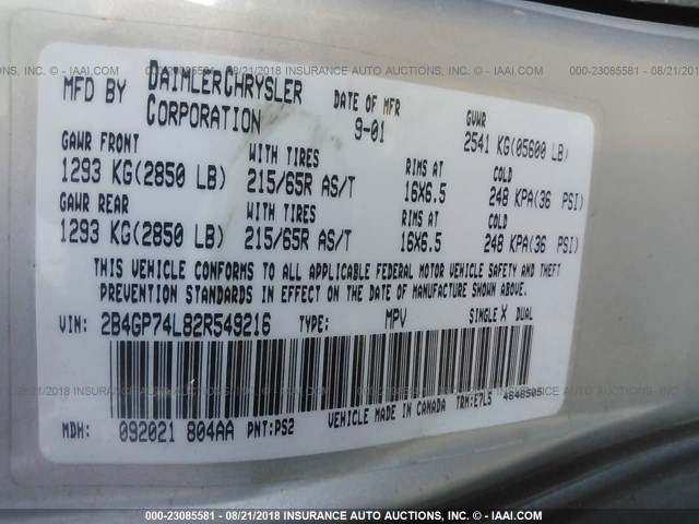 2B4GP74L82R549216 - 2002 DODGE GRAND CARAVAN EX SILVER photo 9