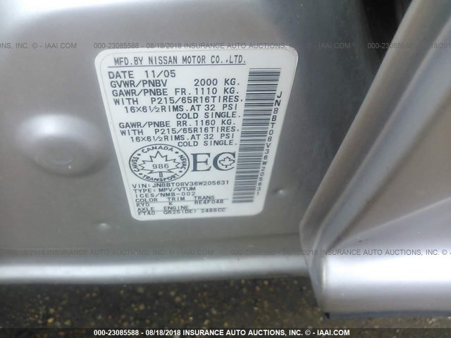 JN8BT08V36W205631 - 2006 NISSAN X-TRAIL XE/SE SILVER photo 9