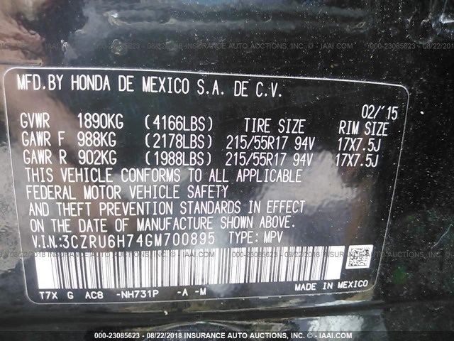 3CZRU6H74GM700895 - 2016 HONDA HR-V EXL BLACK photo 9