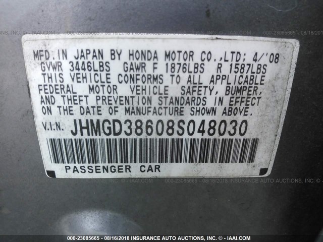 JHMGD38608S048030 - 2008 HONDA FIT SPORT SILVER photo 9