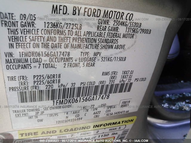 1FMDK06156GA17478 - 2006 FORD FREESTYLE LIMITED SILVER photo 9