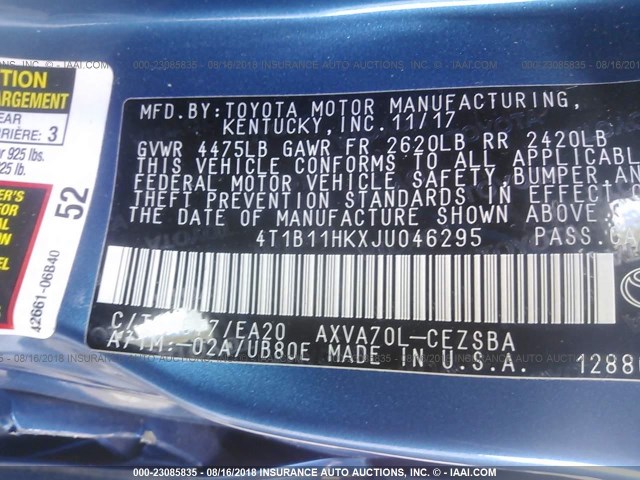 4T1B11HKXJU046295 - 2018 TOYOTA CAMRY L/LE/XLE/SE/XSE BLUE photo 9