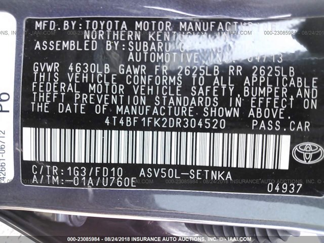 4T4BF1FK2DR304520 - 2013 TOYOTA CAMRY L/SE/LE/XLE GRAY photo 9