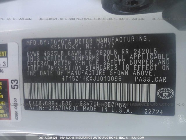 4T1BZ1HKXJU010096 - 2018 TOYOTA CAMRY XSE/XLE Ağ foto 9