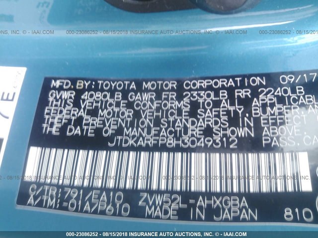 JTDKARFP8H3049312 - 2017 TOYOTA PRIUS PRIME  BLUE photo 9