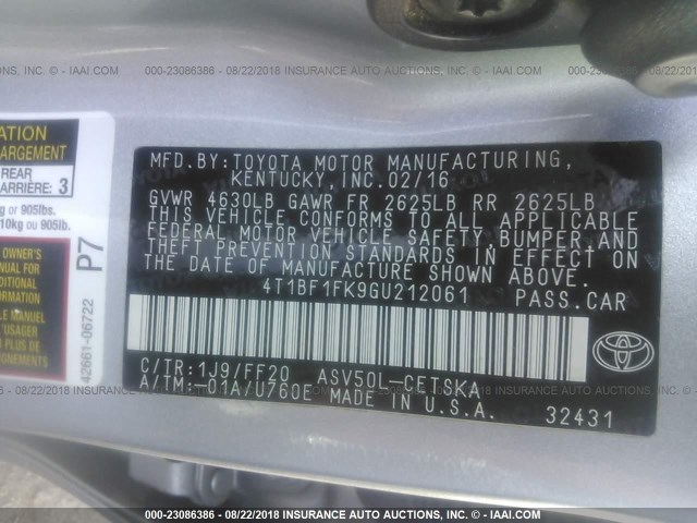 4T1BF1FK9GU212061 - 2016 TOYOTA CAMRY LE/XLE/SE/XSE SILVER photo 9