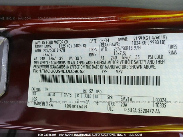 1FMCU0J94EUD59653 - 2014 FORD ESCAPE TITANIUM MAROON photo 9