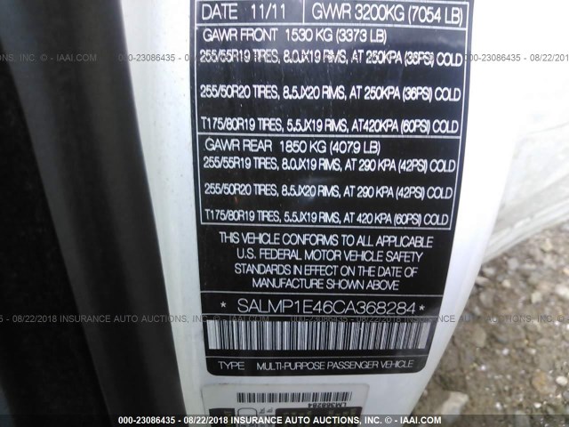 SALMP1E46CA368284 - 2012 LAND ROVER RANGE ROVER AUTOBIOGRAPHY WHITE photo 9