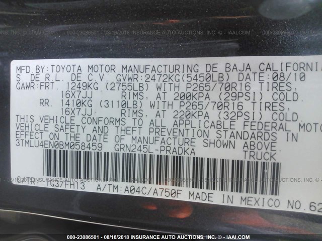 3TMLU4EN0BM058459 - 2011 TOYOTA TACOMA DOUBLE CAB ნაცრისფერი ფოტო 9