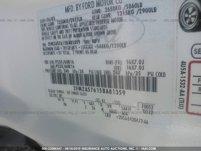 2FMZA57615BA81359 - 2005 FORD FREESTAR SES WHITE photo 9