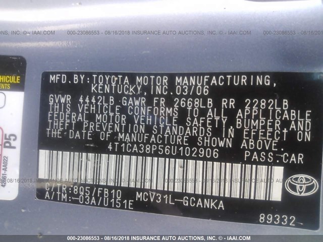 4T1CA38P56U102906 - 2006 TOYOTA CAMRY SOLARA SE/SLE ლურჯი ფოტო 9