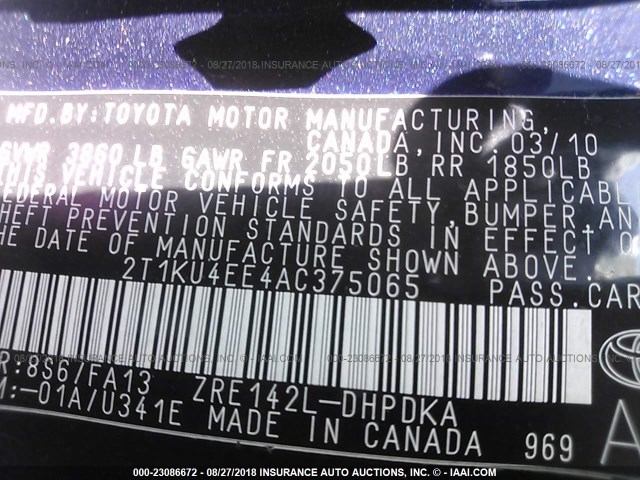 2T1KU4EE4AC375065 - 2010 TOYOTA COROLLA MATRIX  BLUE photo 9