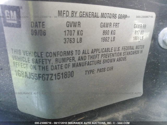 1G8AJ55F67Z151890 - 2007 SATURN ION LEVEL 2 银色 照片 9