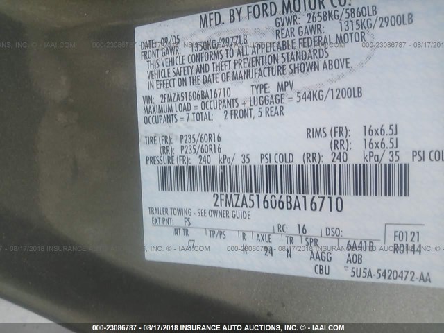 2FMZA51606BA16710 - 2006 FORD FREESTAR SE GREEN photo 9