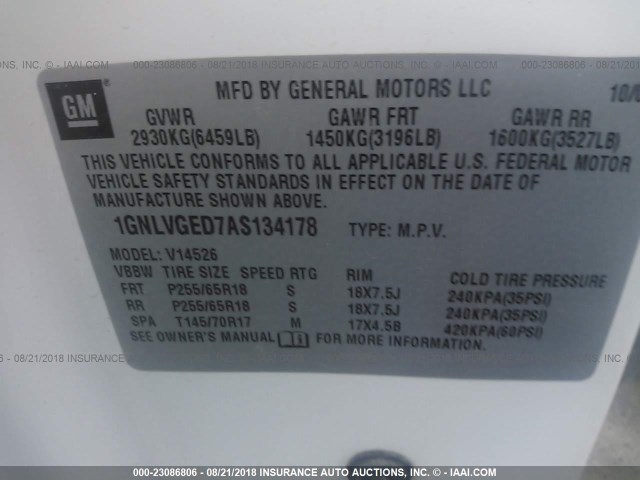 1GNLVGED7AS134178 - 2010 CHEVROLET TRAVERSE LT WHITE photo 9