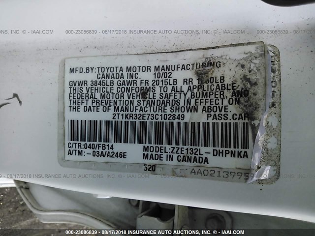 2T1KR32E73C102849 - 2003 TOYOTA COROLLA MATRIX XR WHITE photo 9