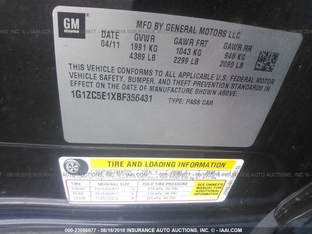 1G1ZC5E1XBF356431 - 2011 CHEVROLET MALIBU 1LT 黑色 照片 9