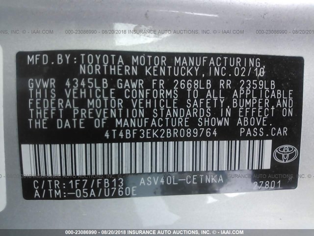 4T4BF3EK2BR089764 - 2011 TOYOTA CAMRY SE/LE/XLE ვერცხლისფერი ფოტო 9