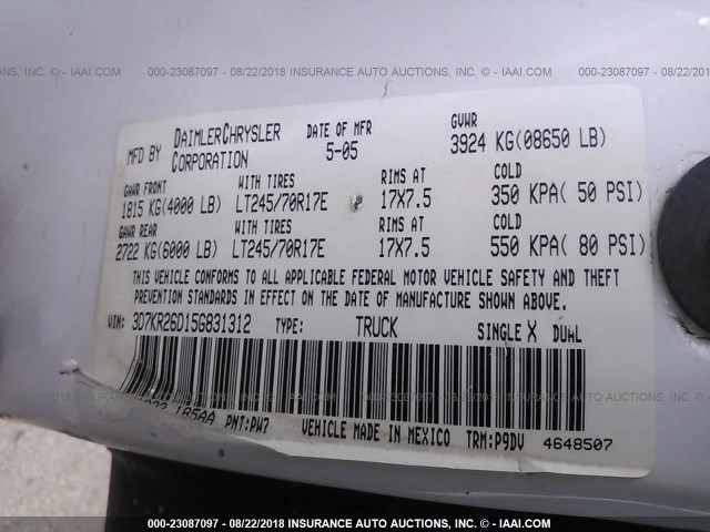 3D7KR26D15G831312 - 2005 DODGE RAM 2500 ST/SLT 白色 照片 9