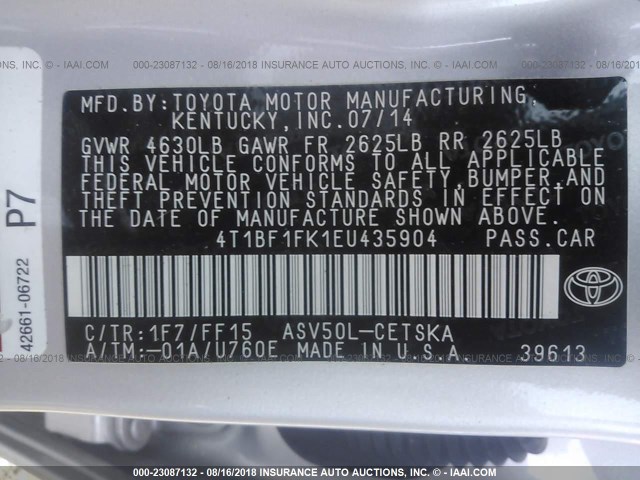 4T1BF1FK1EU435904 - 2014 TOYOTA CAMRY L/SE/LE/XLE Gümüş foto 9