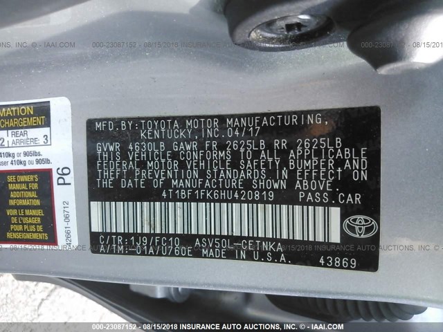 4T1BF1FK6HU420819 - 2017 TOYOTA CAMRY LE/XLE/SE/XSE 银色 照片 9