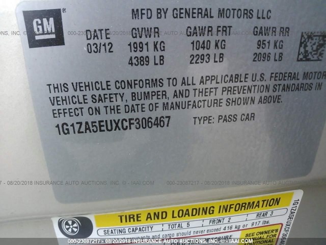 1G1ZA5EUXCF306467 - 2012 CHEVROLET MALIBU LS SILVER photo 9