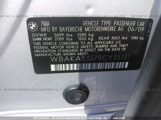 WBAKA83579CY35131 - 2009 BMW 750 I SILVER photo 9