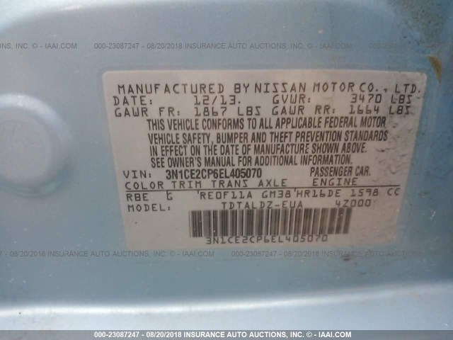 3N1CE2CP6EL405070 - 2014 NISSAN VERSA NOTE S/S PLUS/SV/SL BLUE photo 9