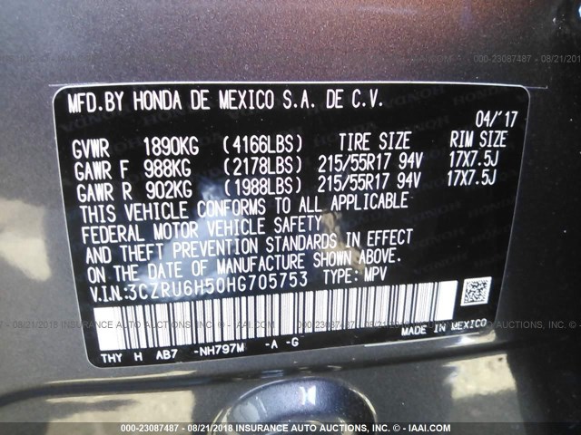 3CZRU6H50HG705753 - 2017 HONDA HR-V EX GRAY photo 9