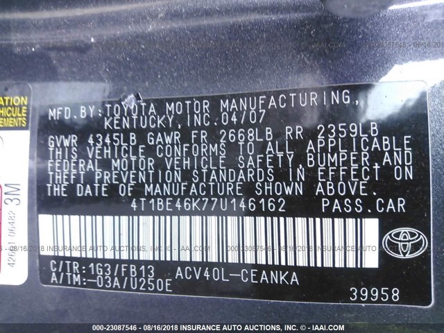4T1BE46K77U146162 - 2007 TOYOTA CAMRY NEW GENERAT CE/LE/XLE/SE GRAY photo 9