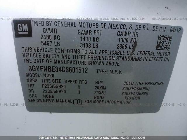 3GYFNBE34CS601512 - 2012 CADILLAC SRX PERFORMANCE COLLECTION Ақ фото 9