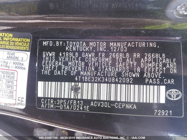 4T1BE32K34U842092 - 2004 TOYOTA CAMRY LE/XLE/SE Qara foto 9