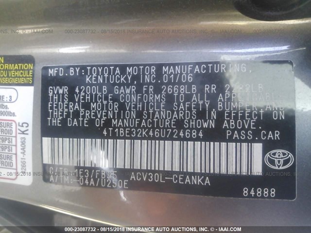 4T1BE32K46U724684 - 2006 TOYOTA CAMRY LE/XLE/SE Сұр фото 9