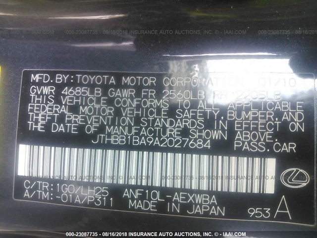 JTHBB1BA9A2027684 - 2010 LEXUS HS 250H GRAY photo 9