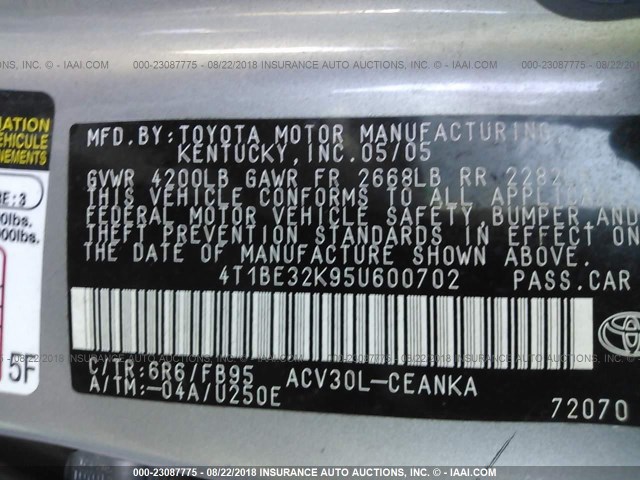 4T1BE32K95U600702 - 2005 TOYOTA CAMRY LE/XLE/SE 银色 照片 9