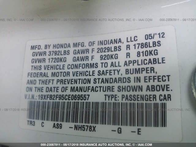 19XFB2F95CE069557 - 2012 HONDA CIVIC EXL WHITE photo 9