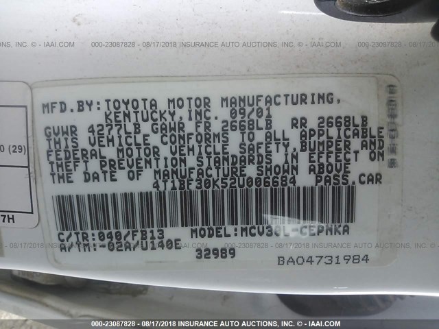 4T1BF30K52U006684 - 2002 TOYOTA CAMRY LE/XLE/SE 白色 照片 9