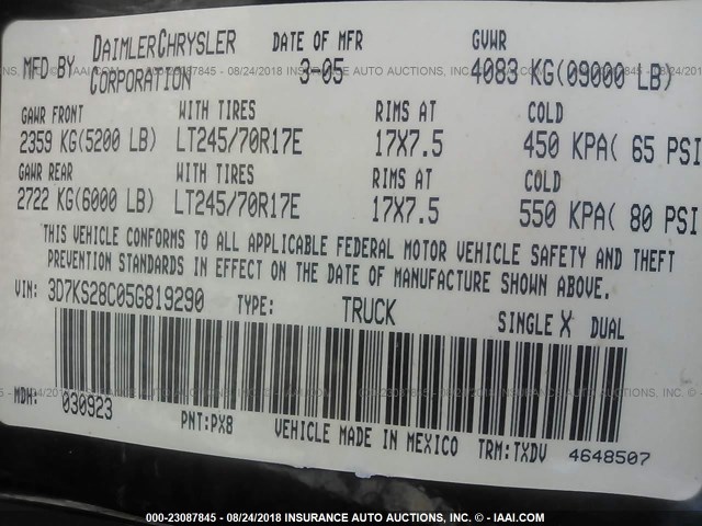 3D7KS28C05G819290 - 2005 DODGE RAM 2500 ST/SLT 黑色 照片 9