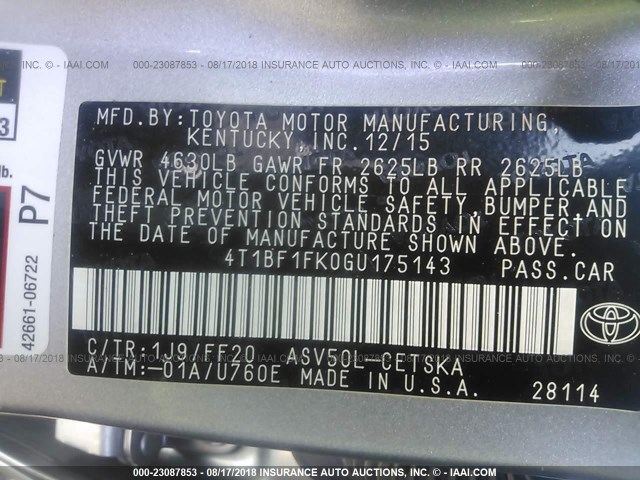 4T1BF1FK0GU175143 - 2016 TOYOTA CAMRY LE/XLE/SE/XSE 黑色 照片 9