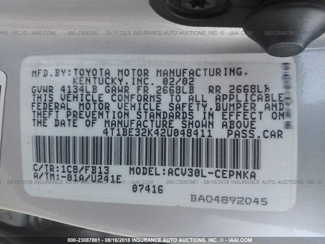 4T1BE32K42U048411 - 2002 TOYOTA CAMRY LE/XLE/SE 银色 照片 9