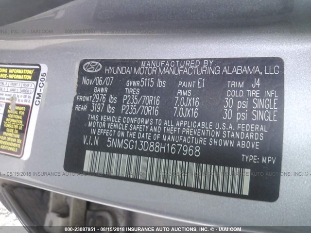 5NMSG13D88H167968 - 2008 HYUNDAI SANTA FE GLS SILVER photo 9