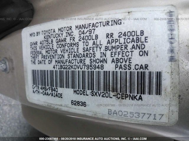 4T1BG22K0VU795948 - 1997 TOYOTA CAMRY CE/LE/XLE 米色 照片 9