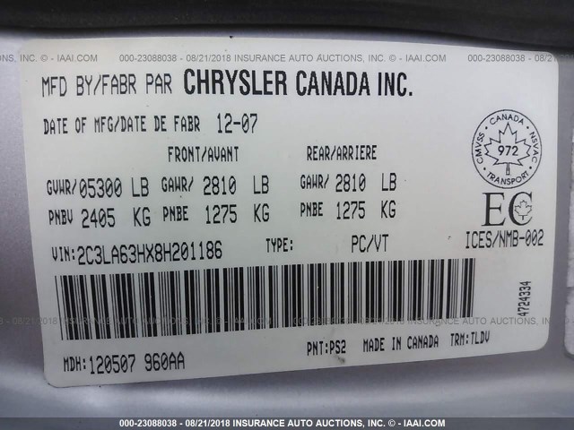 2C3LA63HX8H201186 - 2008 CHRYSLER 300C SILVER photo 9