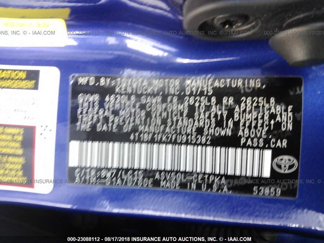 4T1BF1FK7FU915382 - 2015 TOYOTA CAMRY LE/XLE/SE/XSE 蓝色 照片 9